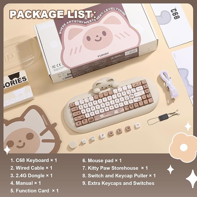 YUNZII C68 Wireless Mechanical Keyboard,65% Layout,Hot Swap,Triple Mode BT5.0/2.4G/Wired, RGB Backlit NKRO,Cute Cat Silicone Ergonomic Design for Win/Mac (Brown, Milk Switch)