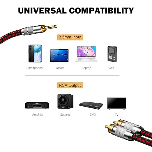 RCA to 3.5mm Cable 3.2FT, Aux to RCA Headphone Male to Male Jack Adapter Audiophile Braided Gold Plated Audio Y Cord for Smartphones,Tablets,Speakers,MP3,HDTV and More