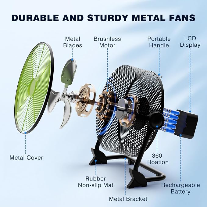 10 Inch Portable Cordless Rechargeable Floor Fan, Whisper Quiet Battery Operated Full Metal Fan, 24H Runtime, 12 Speeds, 12H Timer, USB Charging, for Camping, Outdoor Patio, Home, Garage, Bedroom