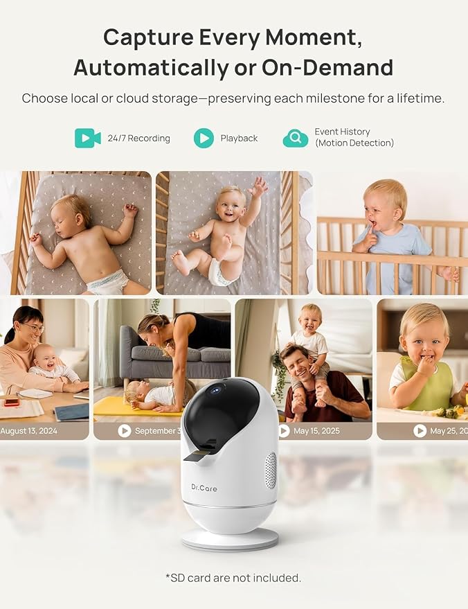 Dr.Care VistaView 5” Smart WiFi Baby Monitor with 2 Camaras - 2K Camera App Control & 1080P Split Screen, Cry & Motion Detection, Pan-Tilt-Zoom, HD Night Vision, Video Recording, Triple Security