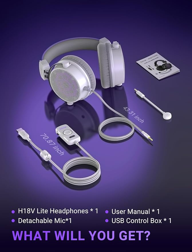 FIFINE Open Back Gaming Headset with 7.1 Surround Sound - Dual Wired USB/3.5mm Connection - USB Control Box - Detachable Mic, Over Ear Headphone for PC, PS4/5, Xbox, Switch, Mobile - H18V Lite WP