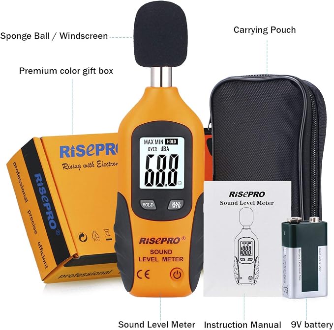 Decibel Meter, RISEPRO® Digital Sound Level Meter 30 – 130 dB Audio Noise Measure Device Backlight MAX/MIN, Data Hold Auto Power Off Dual Ranges HT-80A