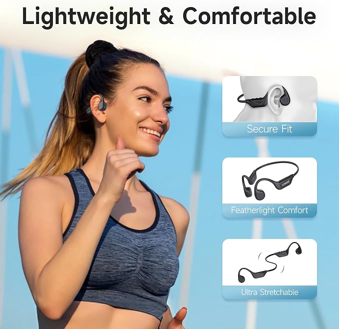 LOBKIN Bone Conduction Headphones Bluetooth 5.4, Open Ear Headphones with Mic, Wireless, 10H Playtime, IPX5 Waterproof Sports Headphones (Black)