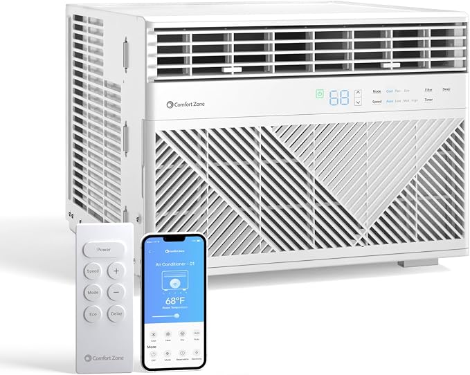Comfort Zone Window Mounted Smart Wi-Fi Room Air Conditioner with Remote Control, 12,000 BTU, Digital Display, 4 Speed Settings, 4 Mode Settings, 24-Hour Timer, Sleep Setting, and Eco Mode, White
