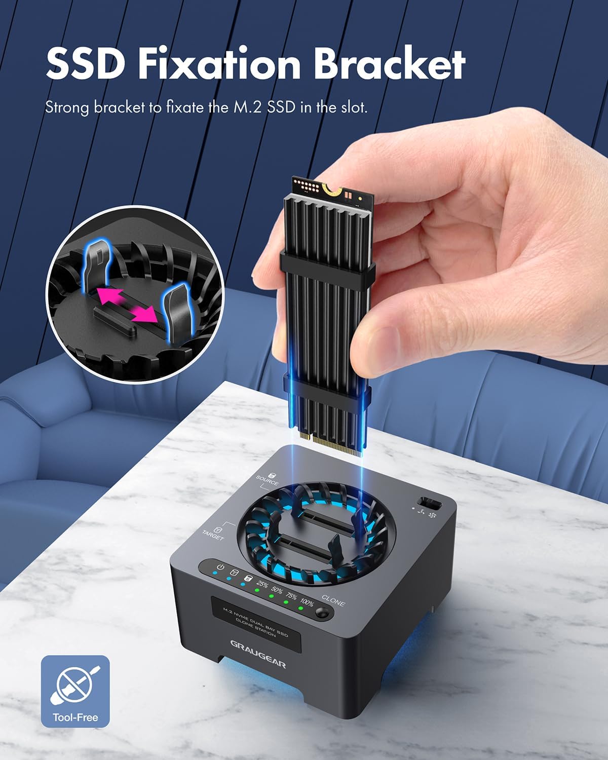 GRAUGEAR NVMe M.2 SSD Duplicator Dual-Bay Offline Clone Tool-Free, 20Gbps USB C to M.2 SSD Drive Cloner Docking Station Adapter Enclosure for M2 SSD Hard Drives M-Key