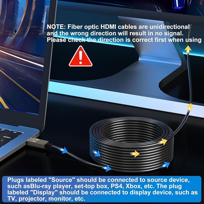 Soonsoonic Fiber Optic HDMI Cable 150ft,18Gbps 4K@60Hz(4:4:4) Unidirectional Active 2.0 Cord,Support HDR10 ARC HDCP 2.2 3D CEC Atmos DTS:X, Ultra high Speed Flexible and Slim(45m)