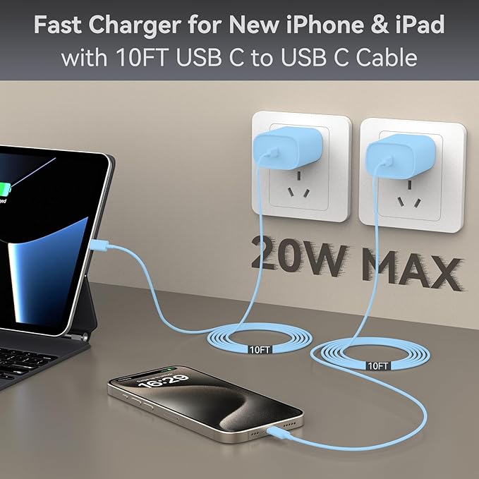 iPhone 17 16 15 Charger Fast Charging, 10 FT iPhone 17 Pro Max Charging Cable(65W/3A) Long USB C 10FT Cord with 20W PD Fast iPhone 17 Pro Max Charger Block for iPhone 17/17 Pro Max/17 Air/16/15 Series