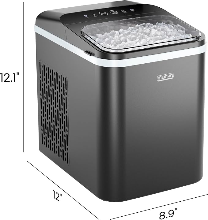 Iceman Compact Pebble Ice Machine, Countertop Nugget Ice Maker Produces Chewable Pellet Ice in 8 Minutes, Makes 26lbs/Day, One-Touch Cleaning Function with Ice Scoop/Basket Included – Black