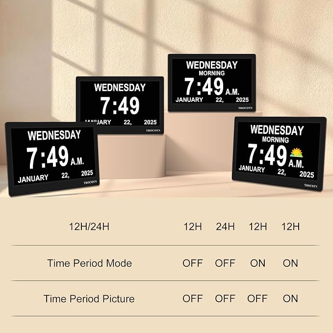 TROCOTN Dementia Clocks, Large Display Calendar Alarm Clock with Auto DST for Seniors, 5 Display Modes Large Font Digital Clock with Custom Alarms Day Date Clocks. (10 Inch Black)