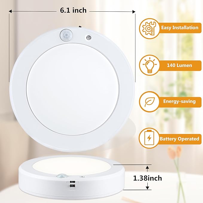 LIT-PaTH Battery Operated Ceiling Light, 3000K 6.1inch Motion Sensor LED Ceiling Light,140 Lumens Flush Mount Wireless Motion Lamp for Closet Hallway Laundry Stair, 2-Pack (Battery Not Included)