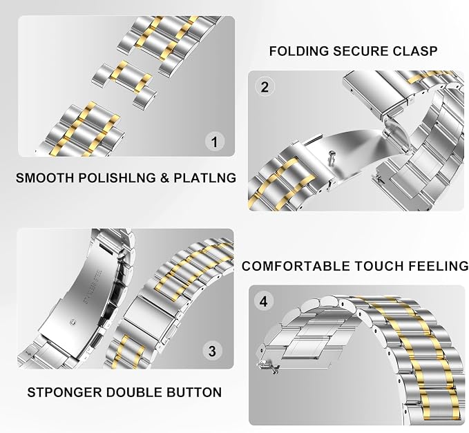 SUPLINK Band Compatible with Samsung Watch 7 6 5 4 40mm 44mm Bands, for Galaxy Watch 5 Pro 45mm/Galaxy Watch 4 6 Classic 42mm 46mm 43mm 47mm/Watch 3,20mm Metal Replacement for Men Silver Gold