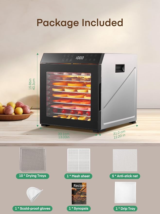 FOHERE Food Dehydrator for Jerky 1000W, 10 Trays With Large 9.04ft² Drying Space,176°F Temperature Control, Digital Adjustable Timer, Light, Dryer Machine for Dog Treats,Herbs, Meat, Fruit, and Yogurt