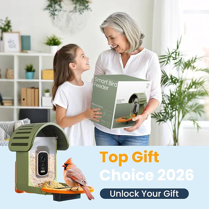 Smart Bird Feeder with Camera, 2.5K UHD Solar Powered WiFi Bird Watching Camera, AI Bird Species Identification, Instant Alerts, IP66 Waterproof Outdoor Wild Bird Feeder, Gift for Dad, Green