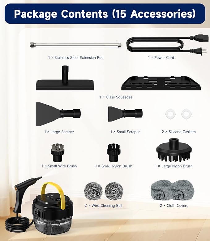 Handheld Steam Cleaner, 1.7L Tank, 6-Level Adjustable,15s Heat-Up Portable Steamer for Cleaning, 1500W High Pressure Steamer, 15Pcs Accessories Steam Cleaner for Home Kitchen Grease Car Detailing