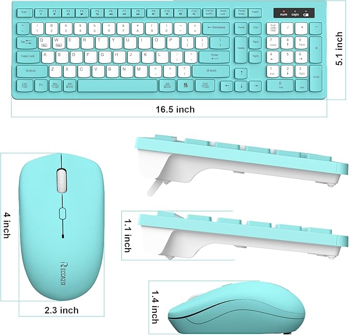Wireless Keyboard and Mouse Combo, Full-Sized Quiet Wireless Keyboard and Adjustable DPI Mouse, 2.4GHz USB Receiver, Keyboard and Mouse for PC, Windows, Desktop, Laptop (Tiffany Blue and White-B)