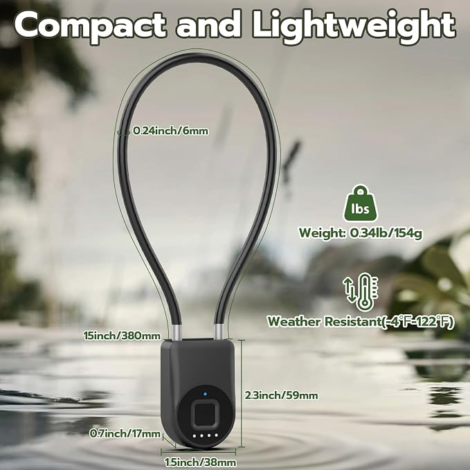 eLinkSmart Fingerprint Padlock, Fingerprint Cable Lock with Bluetooth APP Contral, 15'' Waterproof Keyless Smart Cable Lock Heavy Duty Anti Theft for Bike, Outdoor, Fridge, Gate, Fence, Black