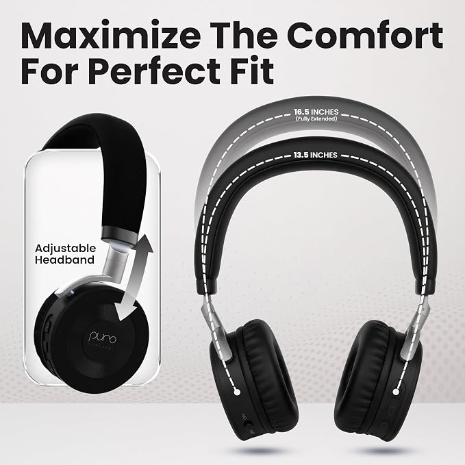 Puro Sound Labs JuniorJam Plus Volume-Limiting Wireless Bluetooth Headphones for Kids, Secure Audio with Adjustable On-Ear Design, 22-Hour Battery Life, Ideal for Tablets, Smartphones & PCs - Black