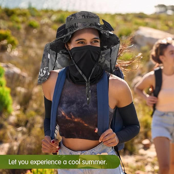 3 Pcs Solar Fan Hat with Arm Sleeves Neck Gaiter Wide Brim Sun Hat Solar Powered USB Charging for Men Women