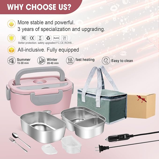LAVAED Electric Heated Lunch Box - 80W Fast Heating, Portable Warmer for Car/Truck/Office/Outdoor, BPA Free