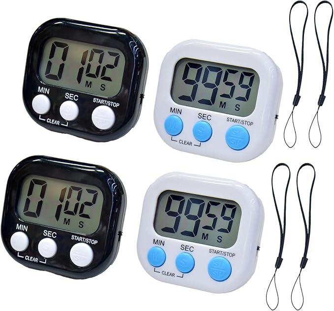 2 Pack Small Digital Kitchen Timer Magnetic Back and On/Off, Classroom Timers for Teachers Kids, Count Up Count Down Loud Alarm Stop Memory Function for Cooking Study Work Exercise (2, Black+White)