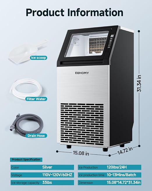 EUHOMY Commercial Ice Maker Machine,120lbs/24H Stainless Steel Under Counter Ice Machine with 33lbs Storage Bin, Freestanding Ice Maker for Home/Bar/Cafe/Restaurant