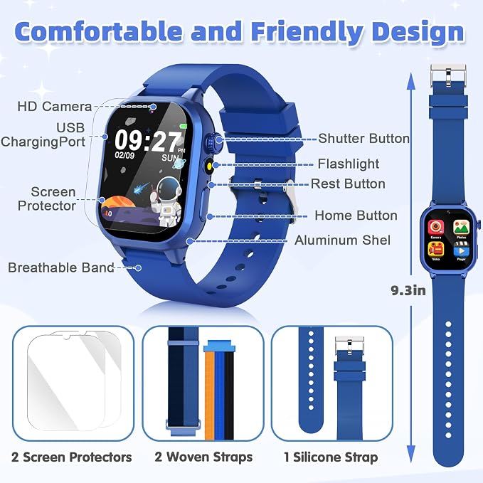 Smart Watch for Kids with 40 Games Video Camera Music Pedometer Flashlight Alarms 12/24 hr HD Touch Screen Kids Watch 2 Extra Bands Birthday Gift for Boys Girls Ages 4-12 Years Old(Blue)