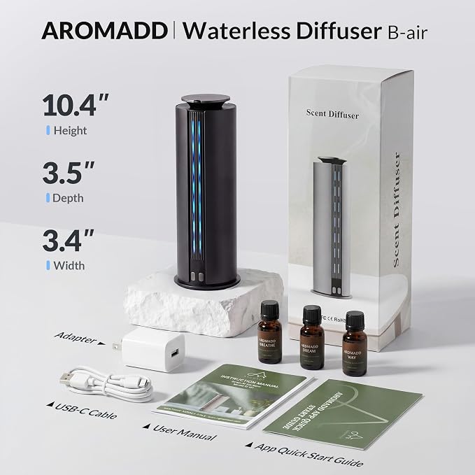 Aromadd 1700 Sq Ft Cordless Hotel Collection Diffuser, Portable Waterless Diffuser, 100ml Scent Air Machine for Home Cold Air Essential Oil Diffuser for Large Room Office, Quiet (Black)
