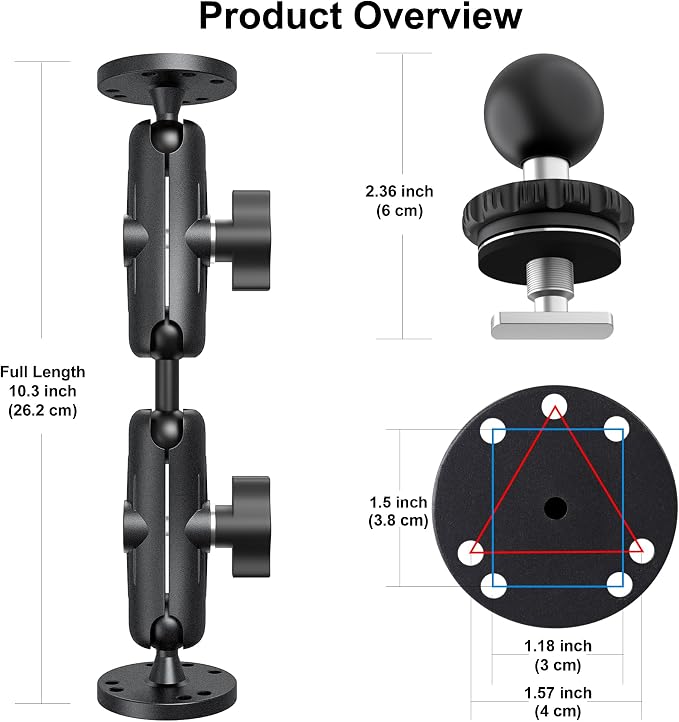 Kewirya Fish Finder & Ball Mount with Aluminum Long Arm Extension, AMPS Round Plate for GPS/Boats/Vehicle, T-Bolt Attachment for Track Systems & Backup Cameras, B Compatible with RAM