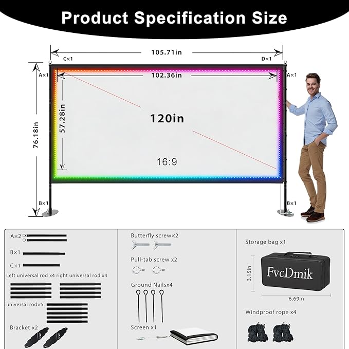 120 inch Outdoor Projection Screen with Stand, Smart RGB+IC String Lights, 4K 16:9 Wrinkle Wind Resistant Movie Screen, Foldable Portable Projector Screen for Backyard Camping Home Theater