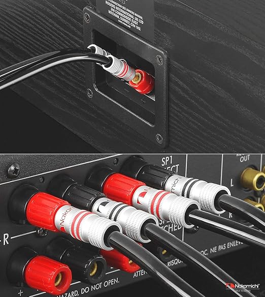Nakamichi Excel Series 24k Gold Plated Banana Plugs with Speaker Cable Wire 99.9% Oxygen-Free Copper (OFC) Heavy Duty Braided for Amplifier Hi-Fi Home Theatre - Black (12 AWG / 15 feet / 4.5m)