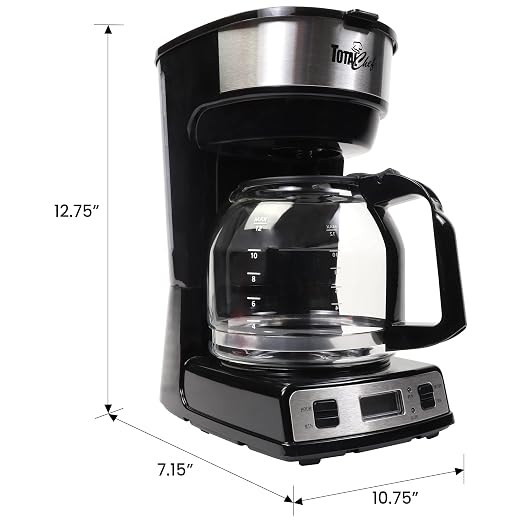 Total Chef TCCM06 Programmable Coffee Maker Stainless Steel with 12-Cup Glass Carafe, LCD Display, Reusable Basket Filter Easy Cleanup Built in Water-Level Indicator, Countertop, Black/Gray