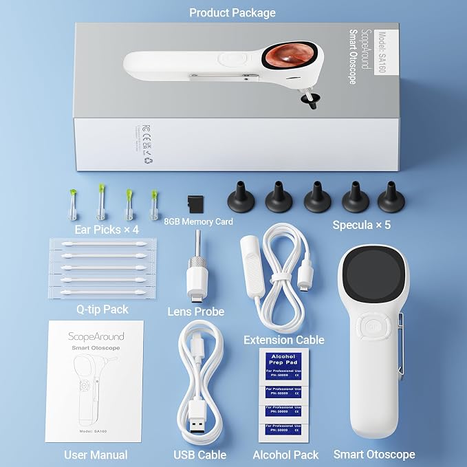 ScopeAround Otoscope with Light, 1.45" IPS Display Digital Otoscope, 3.9mm Ear Camera with Ear Wax Removal Tools, Ear Scope with Extention Cable, 6 LED Lights, Capture Photos Videos, White