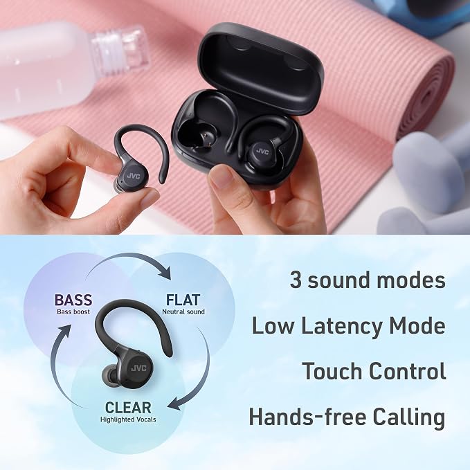 JVC Fitness Series True Wireless Sport Earbuds with Adjustable Hooks, Active Noise Cancelling, Ambient Sound Mode, IP57 Waterproof, 40hr Long Battery Life, App EQ, Low Latency, Mic HAEC75TB Black