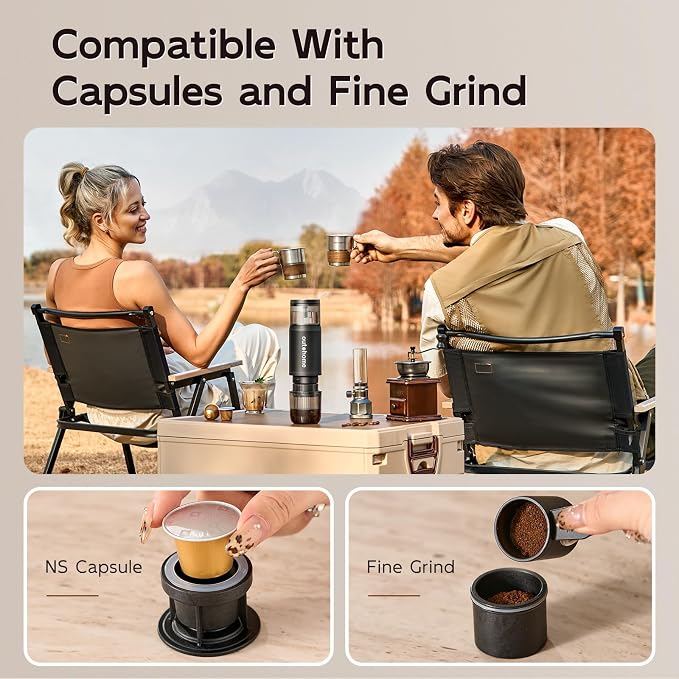outohome Portable Electric Espresso Machine,15 Bar Self Heating Outdoor Coffee Maker, Travel Coffee Machine for Camping With Ground Coffee and NS Capsule for RV, Office,Car Coffee with carry Bag