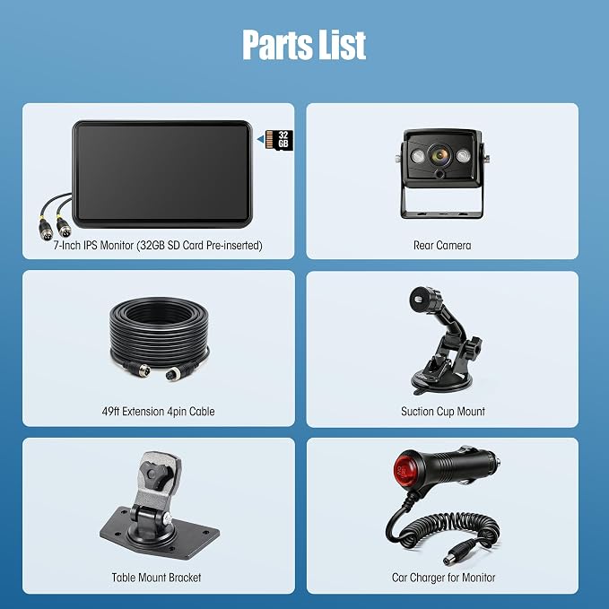Wired Backup Camera System, 7.03" DVR IPS Touchscreen with AHD IP69K Water/Dust Proof Rear Camera for Skid Steer, Vibration-Proof 20G for Hitching, Tractor, Truck, Heavy Equipment, AYT103