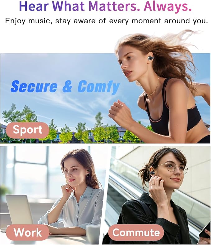Upgraded Ultra Open Ear Earbuds - Lightweight Comfort Clip-On Wireless Bone Conduction Earbuds, Secure Fit & AI-Powered Clear Calls Bluetooth Open Ear Headphones for Work,Commute,Workout, Black