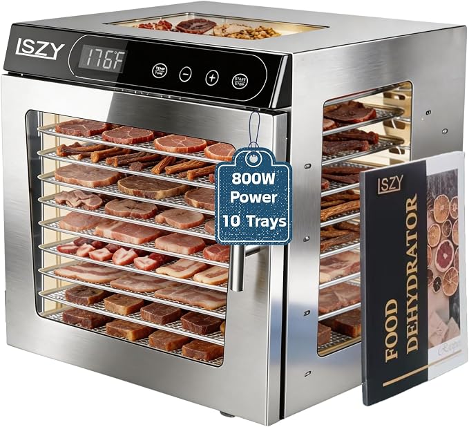 Food Dehydrator Machine, 10 Stainless Steel Trays Dehydrator for Jerky, Poweful 800w Food Dehydrators for Beef Jerky,Meat,Fruits,Herbs,Mushroom, 24H Timer 176°F Temperature Control Food (10 Trays)