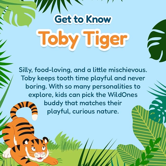 BrushBaby - WildOnes - Kids Rechargeable Electric Toothbrush, Ages 0-10 - Tiger Design with Flashing Lights - DeepClean Bristles for Superior Cleaning - 2 Replacement Brush Heads, 1 USB Cable