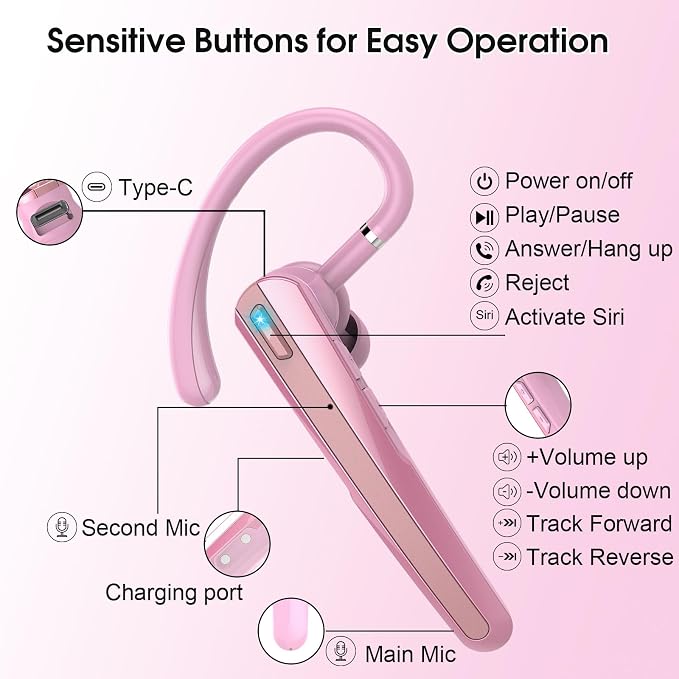 Bluetooth Headset V5.3, Wireless Headset with ENC Noise Canceling Mic, 120Hrs Talk Single-Ear Bluetooth Earpiece, LED Display, IP7 Waterproof Hand-Free Earphone for Business/Trucker/Driver, Pink