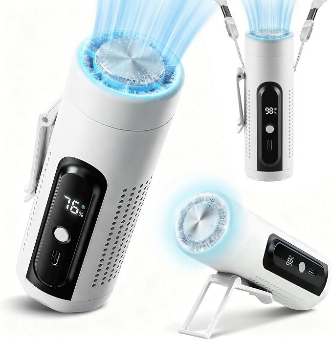 Portable Handheld Fan with Ice Cooling Plate, 3 in 1 Mini Personal Fan with Light & Clip, 5 Speed Rechargeable Fan with LED Display & Hidden Stand, Hands Free Camping Fan for Travel, Desk (White)