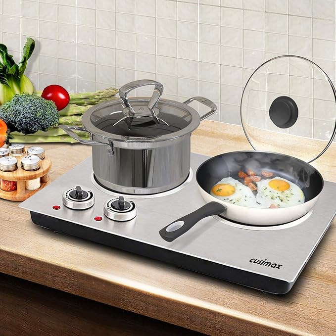 Double Burner, CUSIMAX 1800W Ceramic Electric Hot Plate for Cooking, Dual Control Infrared Cooktop, Portable Countertop Burner, Glass Plate Electric Cooktop, Silver, Stainless Steel-Upgraded Version