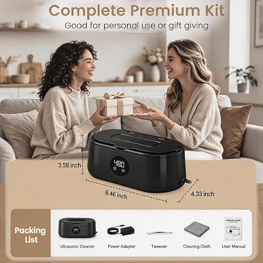 Ultrasonic Jewelry Cleaner, 50kHz Ultrasonic Cleaner Machine for Jewelry, Eyeglass, Retainers,Watch Strap, Rings,420ml 304 Stainless Steel Tank, 5 Timer Modes & LED Digital Display (Black)