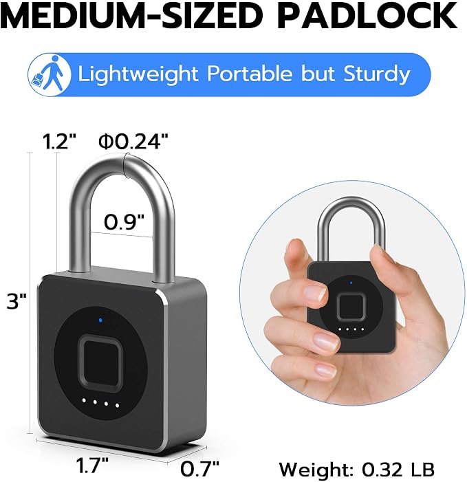 eLinkSmart Fingerprint Gym Locker Lock, Keyless Biometric Padlock, Weatherproof Electronic Digital Bluetooth App Smart Combination Pad Lock for Outdoor Fence Gate Storage Unit Pool Shed - Black