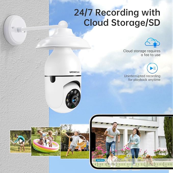 WESECUU Light Bulb Security Camera -5G& 2.4GHz WiFi 2K Security Cameras Wireless Outdoor Motion Detection and Alarm,Two-Way Talk,Color Night Vision,Human Detection, Bulb Camera Compatible with Alexa