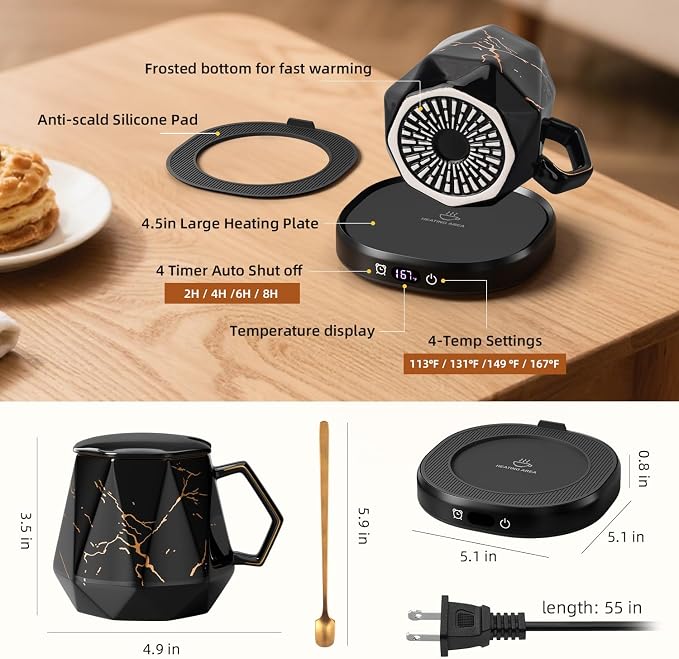 Coffee Mug Warmer & Unique Marbling Mug Set, Smart Heated Electric Cup Warmer for Desk Office, 4 Temperature Control Coffee Tea Beverage Warmer, 8 Hours Auto Shut Off, Christmas Birthday Gifts for Man