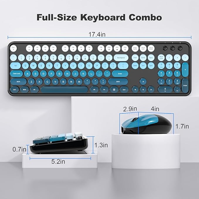 MOFII Wireless Keyboard and Mouse Combo, 2.4GHz Retro Typewriter Keyboard Full Size, Cute Wireless Mice, USB Dongle Plug and Play, for Laptop, PC, Desktop, Windows (Black Blue Gradient Color)