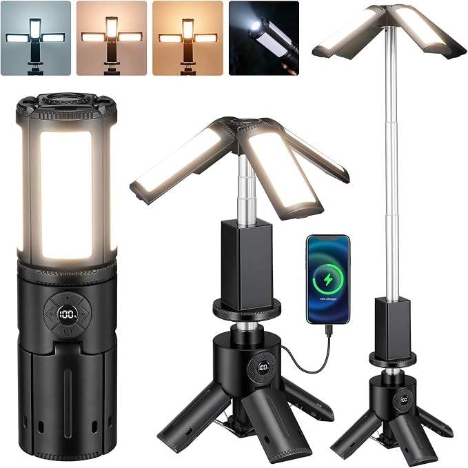 Telescopic Camping Light, 12000mAh Rechargeable Camping Lights Portable with Stand Collapsible Outdoor Camping Lanterns 7200/5000/3600K Dimmable IPX5 Waterproof for Camping Hiking Emergency