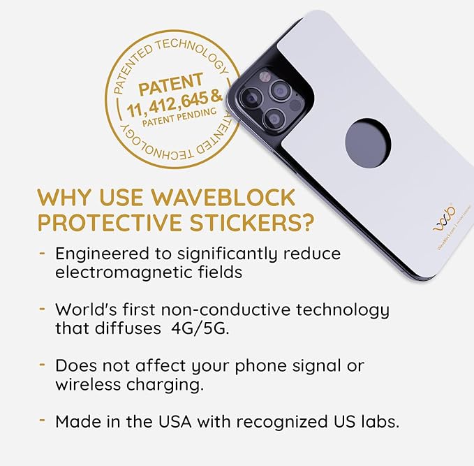 WAVEBLOCK EMF Blocker for Cell Phone - Made for iPhone 15 PRO - The Only Patented, Real Scientifically Backed, Lab-Tested 5G-Shield Sticker to Protect You & Your Loved Ones - USA Made White