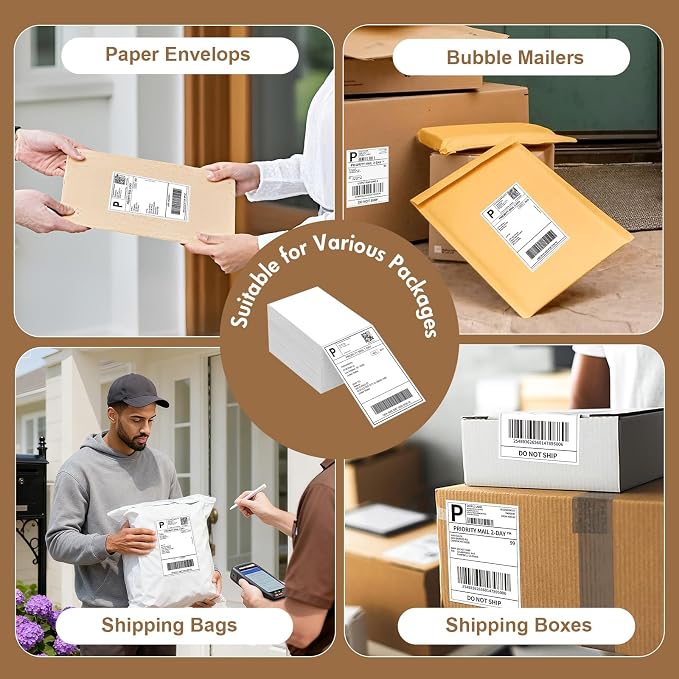 Bluetooth Thermal Shipping Label Printer (Black) + Thermal Direct Shipping Labels (Pack of 500 Fan-Fold Labels)