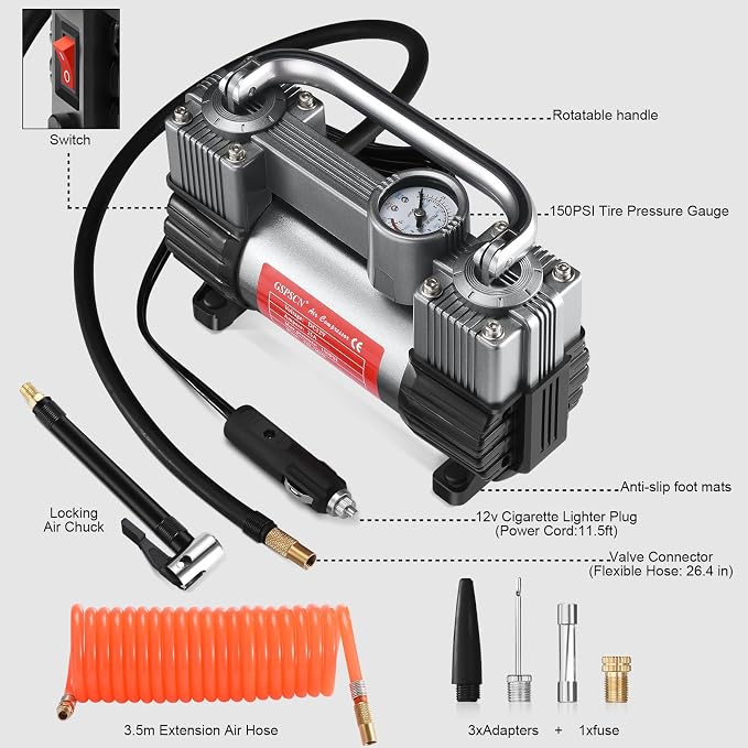 GSPSCN 12V Heavy Duty Tire Inflator Metal Portable Air Compressor Pump | 6X Faster Inflation Double Cylinders 150PSI Air Pump with Adapter for Car, RV,Pickup Truck, SUV, Van,Camper, Air Bed,Ball